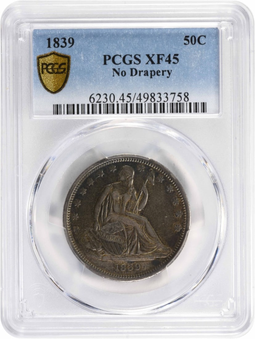1839 Liberty Seated Half Dollar EF45 PCGS 90% Silver Coin: 1839 Liberty Seated Half Dollar EF45 PCGS 90% Silver Coin This 1839 Liberty Seated Half Dollar features the iconic Seated Liberty design by Thomas Sully and Christian Gobrecht. Certified by PCGS, this