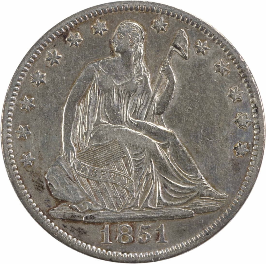 1851-O Liberty Seated Half Dollar Silver 90% Uncertified Coin: 1851-O Liberty Seated Half Dollar Silver 90% Uncertified Coin This 1851-O Liberty Seated Silver Half Dollar features a rich history with its striking design by Thomas Sully and Christian Gobrecht. Str