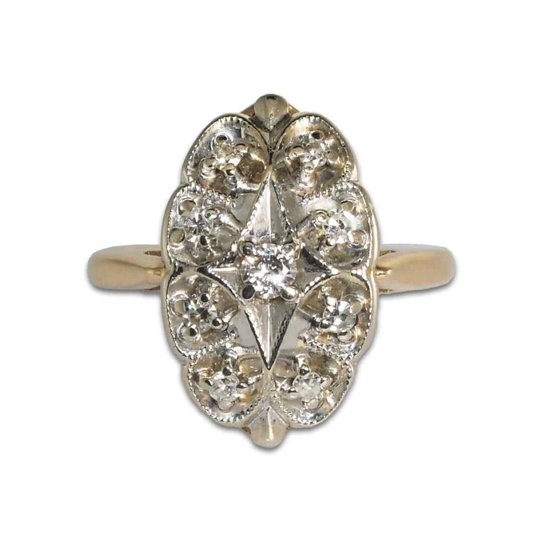 14K Two-Tone Vintage Diamond Cluster Ring 0.25ct Size 4.75: 14K Two-Tone Vintage Diamond Cluster Ring 0.25ct Size 4.75 This exquisite vintage diamond cluster ring features a stunning arrangement of 9 round brilliant diamonds, totaling 0.25 carats, beautifully 