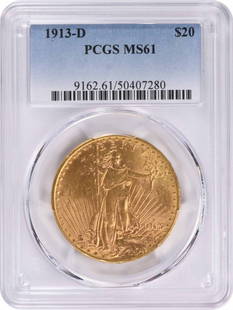 1913-D $20 Gold St. Gaudens Coin MS61 PCGS Certified Uncirculated: 1913-D $20 Gold St. Gaudens Coin MS61 PCGS Certified Uncirculated This 1913-D $20 Gold St. Gaudens coin showcases the exquisite design by Augustus St. Gaudens, a hallmark of American numismatics. Cert