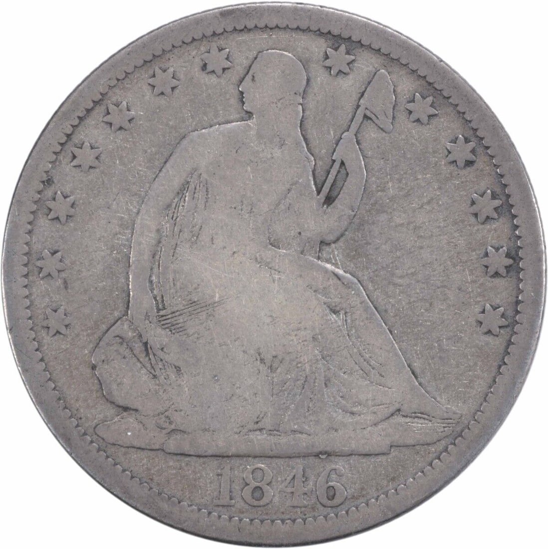 1846-O Liberty Seated Half Dollar Tall Date 50C Uncertified: 1846-O Liberty Seated Half Dollar Tall Date 50C Uncertified Discover this 1846-O Liberty Seated Half Dollar featuring the tall date design. This coin showcases the artistry of designers Thomas Sully a