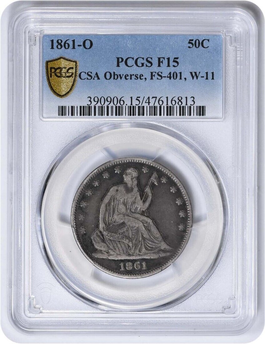 1861-O Liberty Seated Half Dollar CSA F15 PCGS Certified Silver Coin: 1861-O Liberty Seated Half Dollar CSA F15 PCGS Certified Silver Coin This 1861-O Liberty Seated Half Dollar features the iconic design by Thomas Sully and Christian Gobrecht. Minted in New Orleans, th