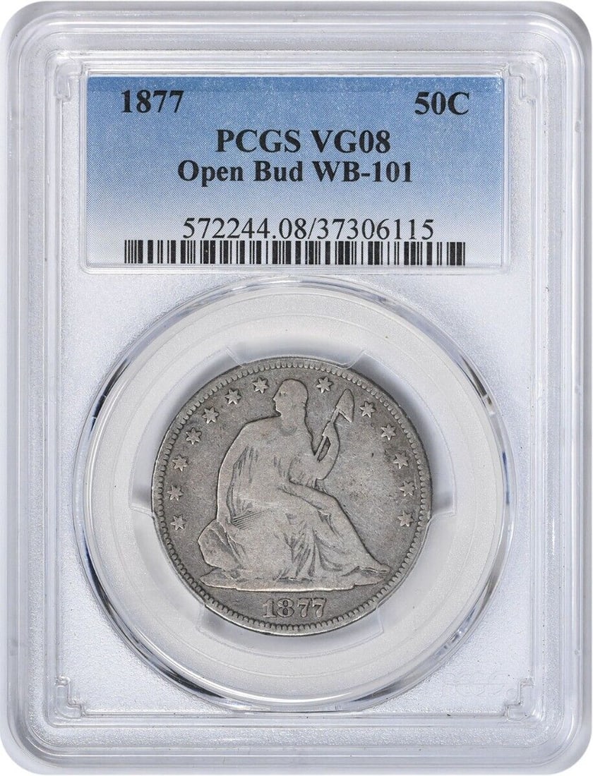 1877 Liberty Seated Half Dollar 50C PCGS VG Open Bud Design: 1877 Liberty Seated Half Dollar 50C PCGS VG Open Bud Design This 1877 Liberty Seated Silver Half Dollar features a design by Thomas Sully and Christian Gobrecht. The coin, certified by PCGS, is in cir