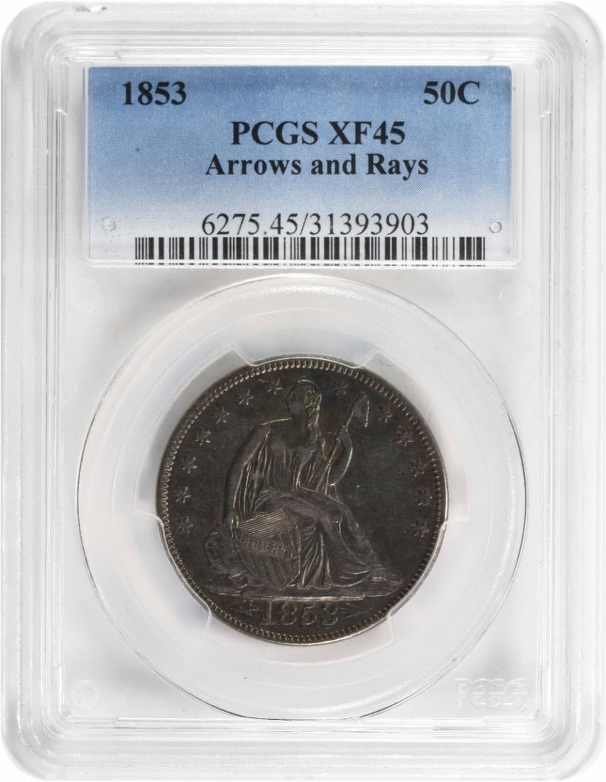 1853 Liberty Seated Half Dollar 50C EF45 PCGS Silver Coin: 1853 Liberty Seated Half Dollar 50C EF45 PCGS Silver Coin This 1853 Liberty Seated Half Dollar features the iconic design by Thomas Sully and Christian Gobrecht, and is graded EF45 by PCGS. The coin i
