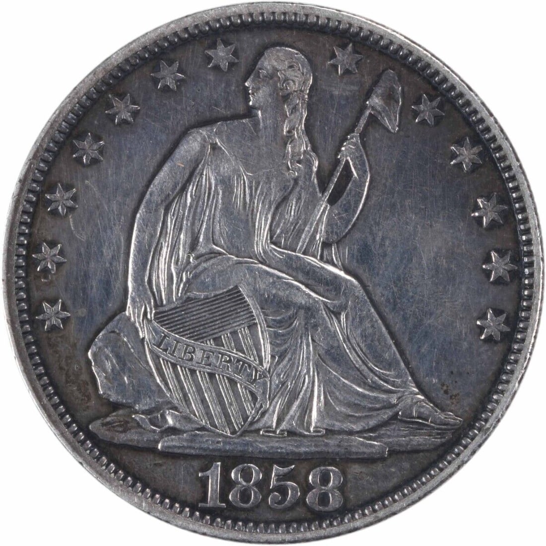 1858 Liberty Seated Half Dollar 90% Silver AU Philadelphia: 1858 Liberty Seated Half Dollar 90% Silver AU Philadelphia This 1858 Liberty Seated Silver Half Dollar showcases the artistry of designers Thomas Sully and Christian Gobrecht. Struck in Philadelphia,