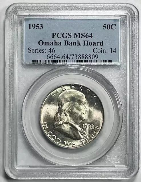 1953 P Franklin Half Dollar PCGS MS 64 Omaha Bank Hoard: 1953 P Franklin Half Dollar PCGS MS 64 Omaha Bank Hoard This 1953 P Franklin Half Dollar is certified by PCGS with a grade of MS 64, indicating it is in uncirculated condition. Struck at the Philadelp