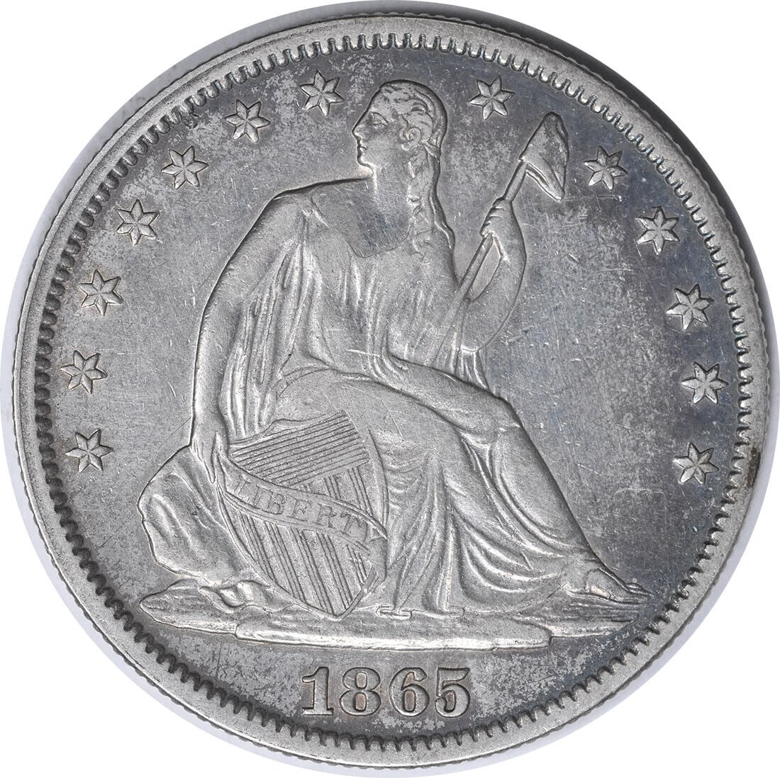 1865 Liberty Seated Half Dollar 50C XF Uncertified Silver Coin: 1865 Liberty Seated Half Dollar 50C XF Uncertified Silver Coin This 1865 Liberty Seated Half Dollar is a remarkable piece of numismatic history, featuring a stunning design by Thomas Sully and Christi