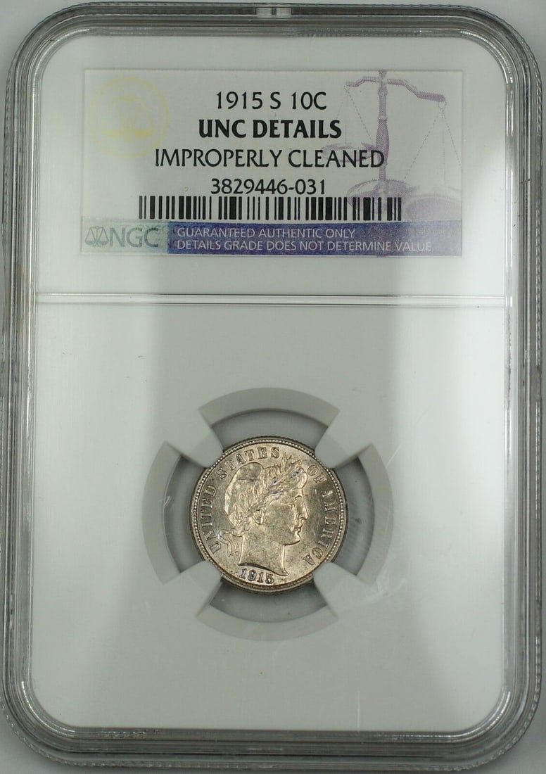 1915-S Barber Silver Dime NGC UNC Details San Francisco Coin: 1915-S Barber Silver Dime NGC UNC Details San Francisco Coin This 1915-S Barber Silver Dime is certified by NGC and graded as UNC Details, indicating its uncirculated condition despite having been imp