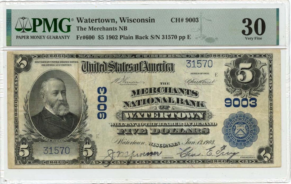1902 $5 Plain Back Note Merchants National Bank PMG VF30: 1902 $5 Plain Back Note Merchants National Bank PMG VF30 This is a 1902 Plain Back $5 note issued by The Merchants National Bank in Watertown, Wisconsin. The note is graded as VF30 by PMG, indicating 