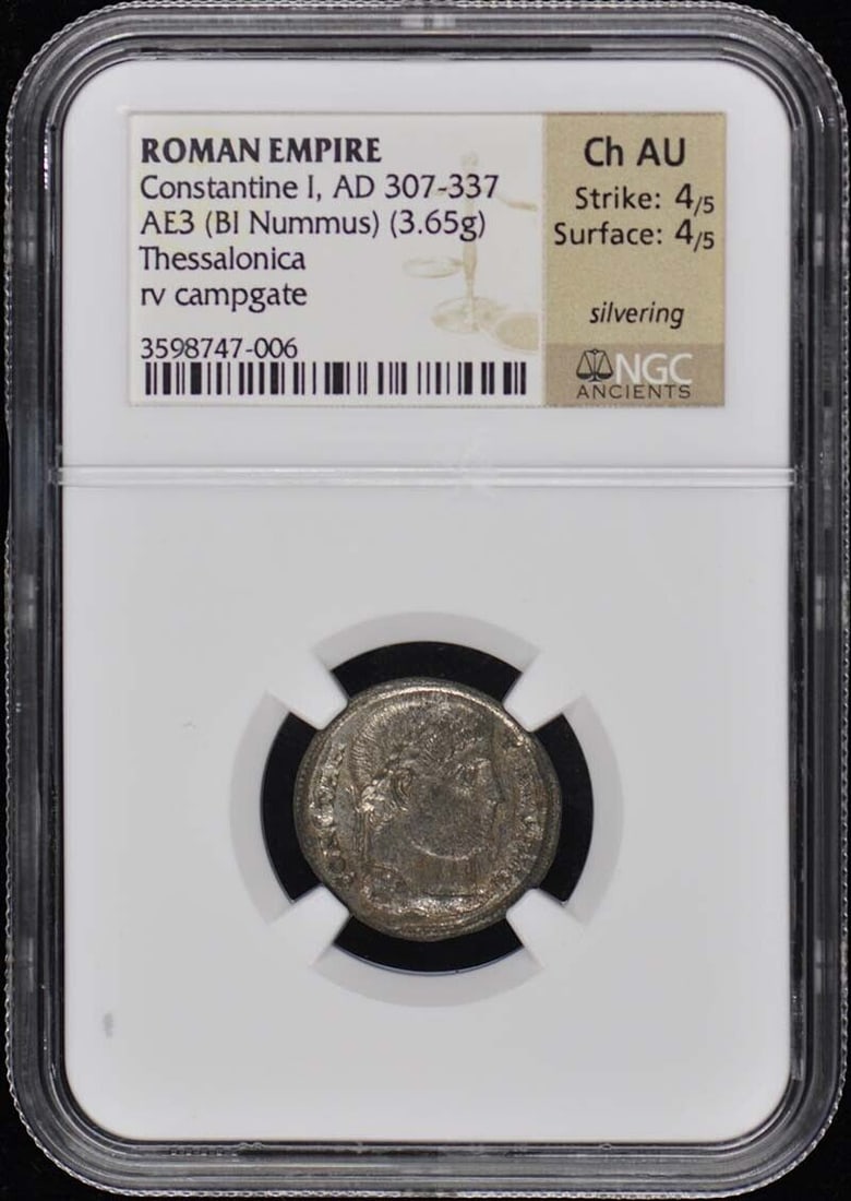Constantine I AE3 Coin AD 307-337 NGC AU55 Ancient Roman: Constantine I AE3 Coin AD 307-337 NGC AU55 Ancient Roman This ancient Roman coin features Constantine I, who reigned from AD 307 to 337. Graded AU55 by NGC, this AE3 (BI Nummus) coin showcases its pre