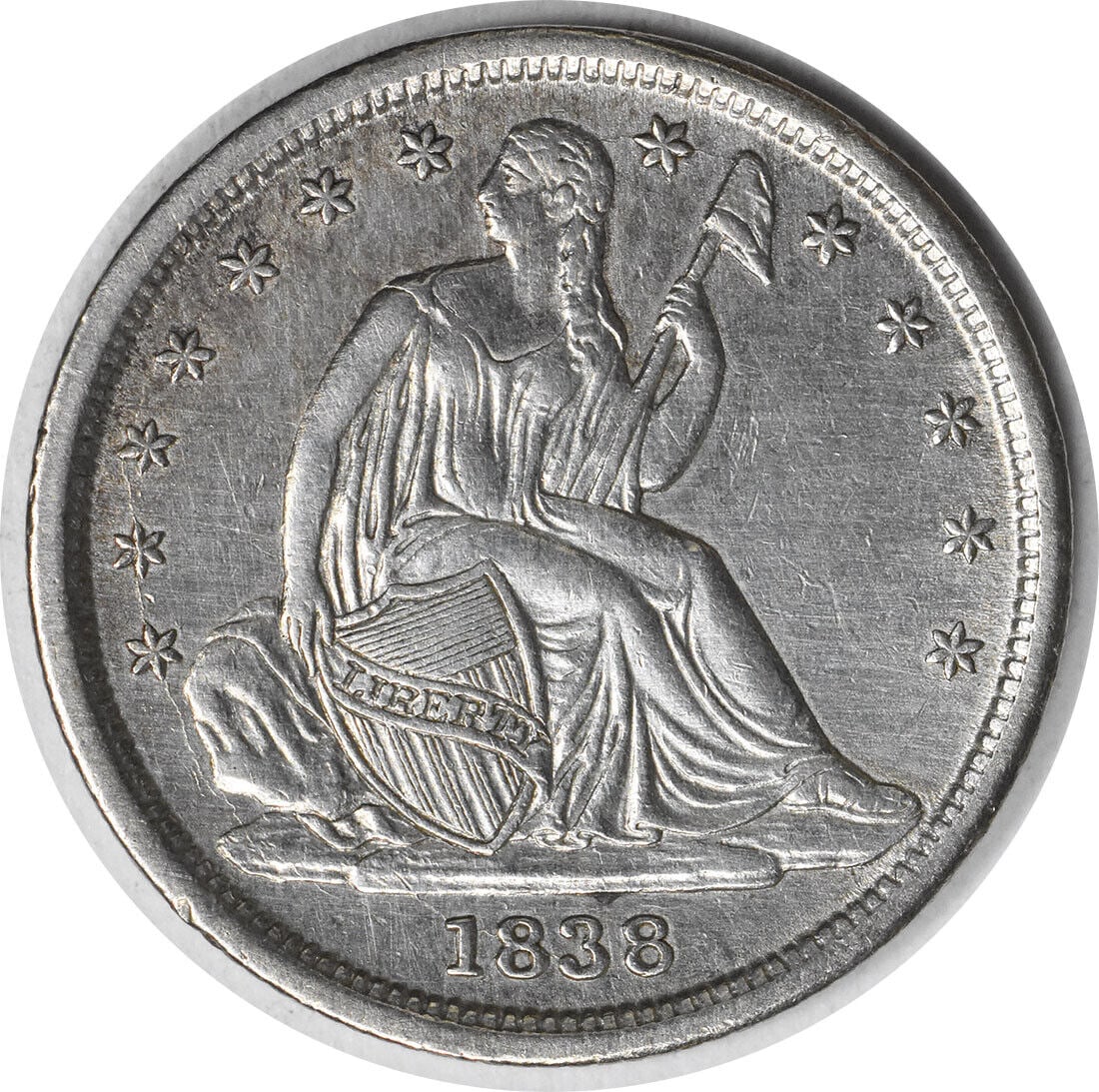 1838 Liberty Seated Silver Dime XF Uncertified 10C Philadelphia Mint: 1838 Liberty Seated Silver Dime XF Uncertified 10C Philadelphia Mint This 1838 Liberty Seated Silver Dime features the classic design by Thomas Sully and Christian Gobrecht, showcasing the iconic Seat