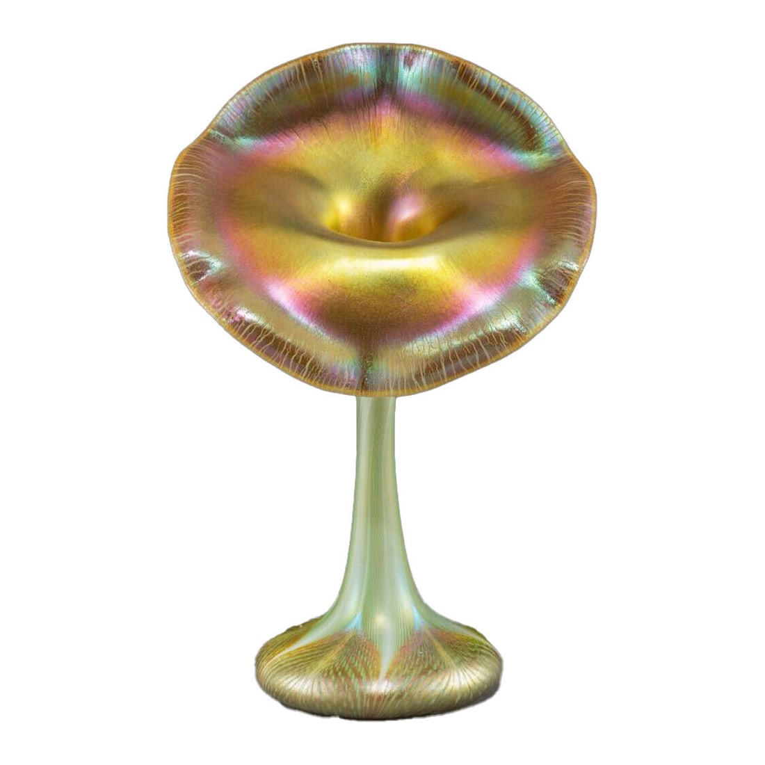 Steuben Quezal Pulled Feather Art Vase G478 9.75in Yellow Circa 1915: Steuben Quezal Pulled Feather Art Vase G478 9.75in Yellow Circa 1915 This exquisite Quezal Pulled Feather Jack in the Pulpit Vase, dating back to circa 1915, showcases the artistry of Steuben glass. F