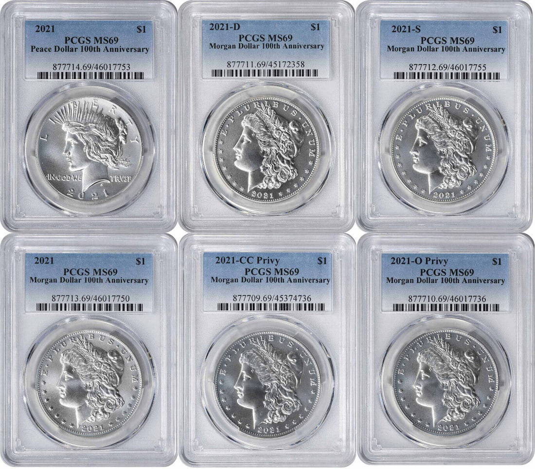 2021 Morgan Peace Silver Dollar 6-coin Set Ms69 Pcgs Certified Auction