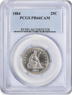 1884 Liberty Seated Silver Quarter PR66CAM PCGS Uncirculated Proof: 1884 Liberty Seated Silver Quarter PR66CAM PCGS Uncirculated Proof This stunning 1884 Liberty Seated Silver Quarter, graded PR66CAM by PCGS, is an uncirculated gem from the Philadelphia Mint.
