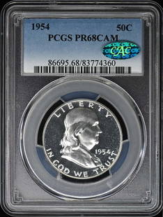 1954 Franklin Half Dollar PR68CAM PCGS Certified with CAC: 1954 Franklin Half Dollar PR68CAM PCGS Certified with CAC This 1954 Franklin Half Dollar showcases a stunning PR68CAM grade from PCGS, indicating its exceptional quality as a Proof coin. It was