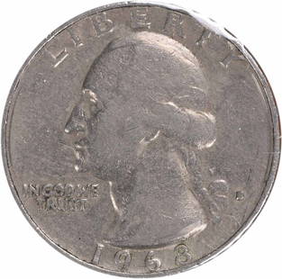 1968-D Washington Quarter 25C John Flanagan Design Copper Nickel Coin: 1968-D Washington Quarter 25C John Flanagan Design Copper Nickel Coin This 1968-D Washington Quarter features a striking design by John Flanagan and is composed of 75% copper and 25% nickel,