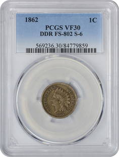 1862 Indian Head Cent DDR FS-801 PCGS VF30 Copper Coin: 1862 Indian Head Cent DDR FS-801 PCGS VF30 Copper Coin This 1862 Indian Cent features the iconic Indian Head design and is certified by PCGS with a grade of VF30. The coin is composed of copper and