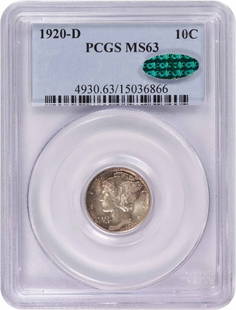 1920-D Mercury Dime MS63 PCGS Certified Silver Coin: 1920-D Mercury Dime MS63 PCGS Certified Silver Coin This 1920-D Mercury Silver Dime is certified by PCGS with a grade of MS63, ensuring its high quality and collectible status. Minted in Denver,