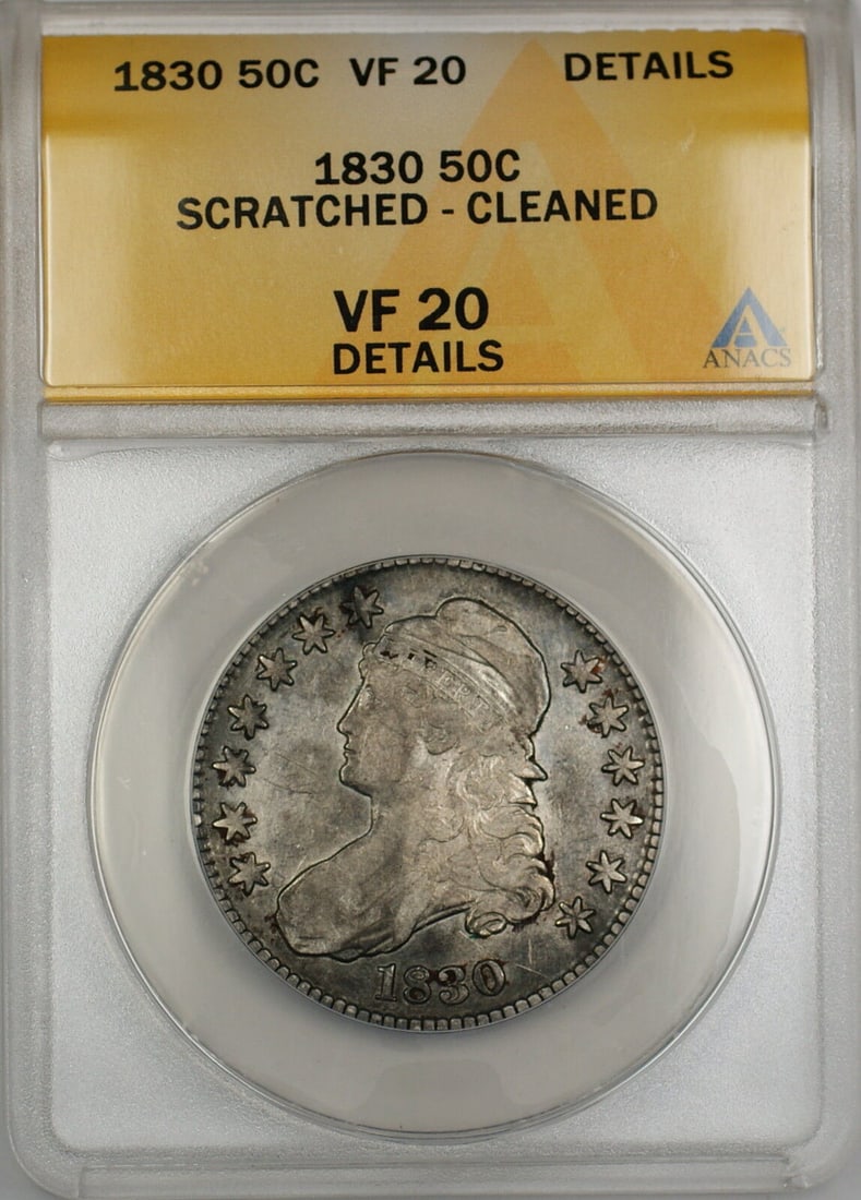 1830 Capped Bust Silver Half Dollar ANACS VF 20 Circulated Coin: 1830 Capped Bust Silver Half Dollar ANACS VF 20 Circulated Coin This 1830 Capped Bust Silver Half Dollar coin, certified by ANACS and graded VF 20 Details, features a rich history as a circulated piec