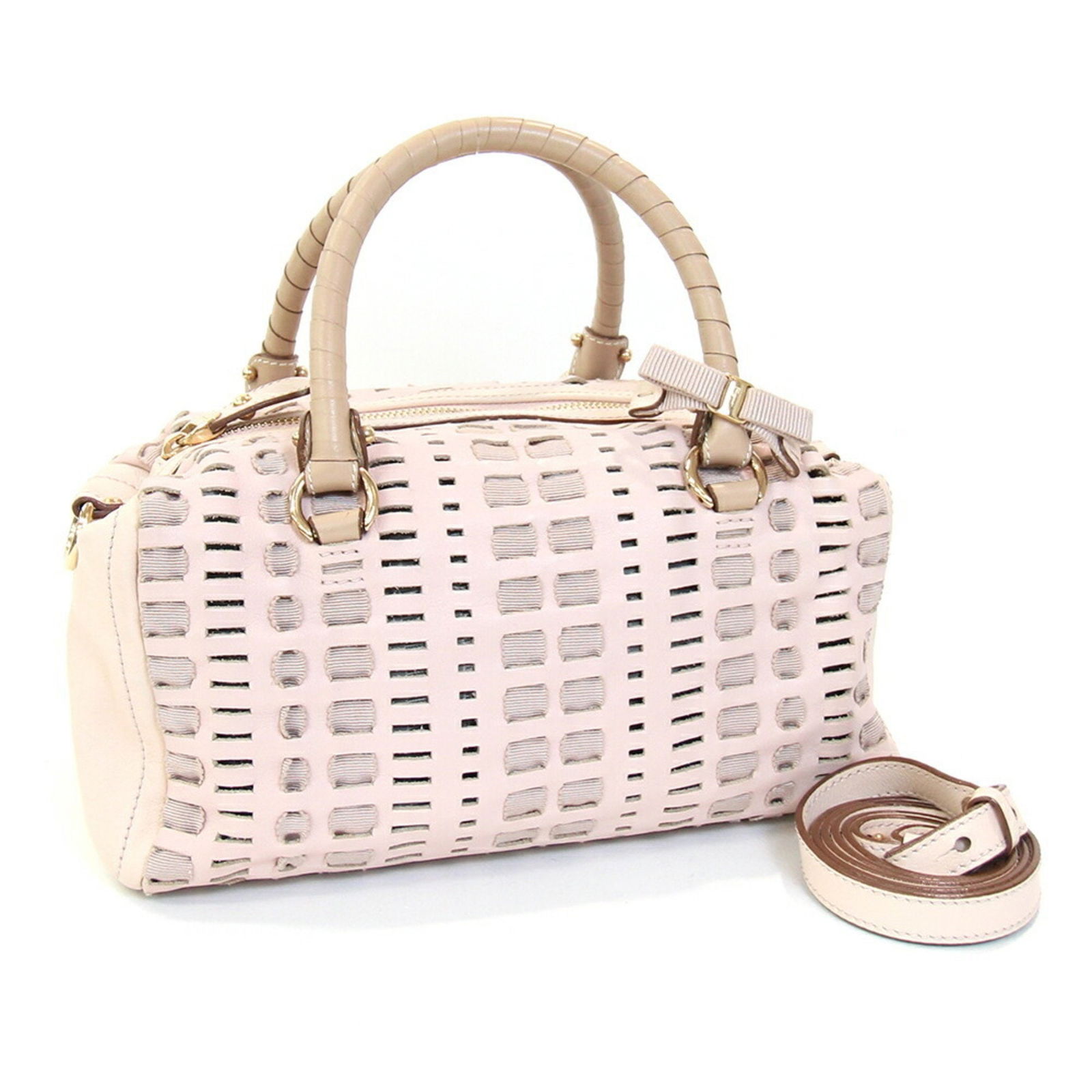 Salvatore Ferragamo Vara Pink Beige Leather Mini Shoulder Bag: Salvatore Ferragamo Vara Pink Beige Leather Mini Shoulder Bag Elevate your style with this elegant Salvatore Ferragamo Vara handbag, a chic addition to any wardrobe. Crafted from premium leather fabri