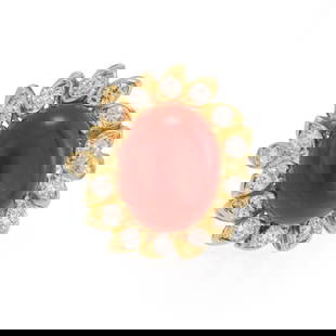 Estate 2ct Diamond Red Coral 18k Yellow Gold Floral Halo Ring: Estate 2ct Diamond Red Coral 18k Yellow Gold Floral Halo Ring This stunning Estate halo ring is a remarkable piece crafted from 18k yellow gold. At its heart lies a large oval cabochon red coral