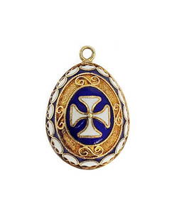 Vintage 14k Yellow Gold Enamel Byzantine Cross Egg Charm Pendant: Vintage 14k Yellow Gold Enamel Byzantine Cross Egg Charm Pendant This exquisite vintage charm or pendant is crafted from 14k yellow gold and features an elegant egg shape adorned with intricate blue