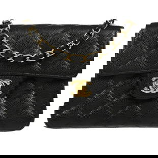 Chanel Black Caviar Mini Classic Square Flap Bag: Chanel Black Caviar Mini Classic Square Flap Bag Introducing the Chanel Black Calfskin Mini Classic Square Flap Bag, a timeless accessory perfect for casual outings. This small-sized shoulder bag