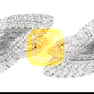 GIA 2.32ct Fancy Yellow VS2 Cushion Diamond Ring 18k Two-Tone Gold Size 6.5: GIA 2.32ct Fancy Yellow VS2 Cushion Diamond Ring 18k Two-Tone Gold Size 6.5 This stunning contemporary ring features a GIA certified 2.32 carat cushion cut Fancy Yellow diamond, graded VS2 clarity.
