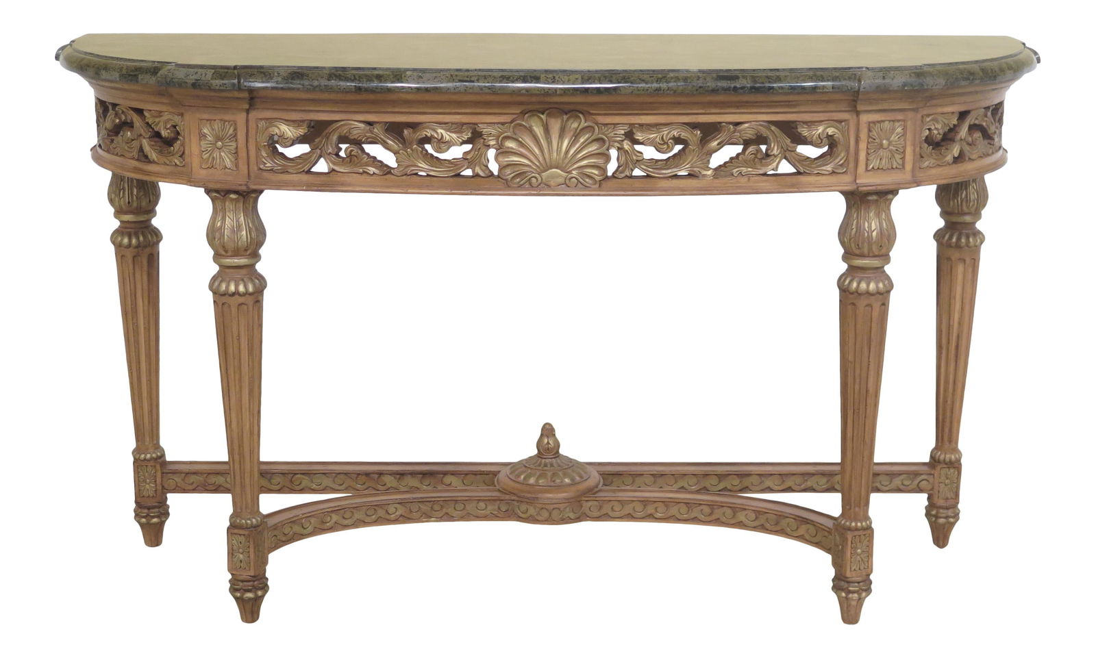 Elegant French Louis XVI Marble Top Console Table 60 x 19 x 34.5: Elegant French Louis XVI Marble Top Console Table 60 x 19 x 34.5 This exquisite French Louis XVI style console table features a stunning marble top that beautifully overlays a solid wood base, accente