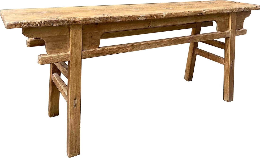 Antique Farmhouse Style Elm Wood Console Table: Antique Farmhouse Style Elm Wood Console Table This vintage-style console table is crafted from durable elm wood, showcasing a washed original finish that enhances its rustic charm. With a height of 3