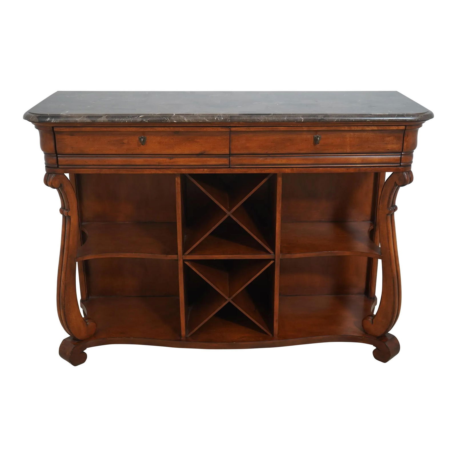 Elegant Marble Top Console Server with Wine Rack 56 x 20 x 39.5: Elegant Marble Top Console Server with Wine Rack 56 x 20 x 39.5 This exquisite Marble Top Server features a beautifully crafted design with a wine rack and dovetailed drawer construction, showcasing q