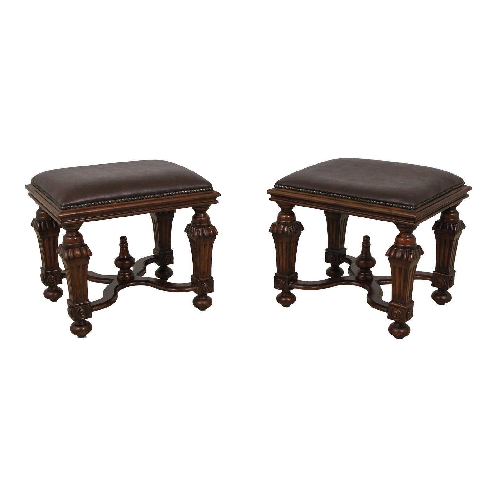 Elegant Pair of Continental European Leather Stools 23 x 19 x 20.5: Elegant Pair of Continental European Leather Stools 23 x 19 x 20.5 This elegant pair of Continental stools showcases a refined European design, featuring sturdy stretcher base frames and decorative ta