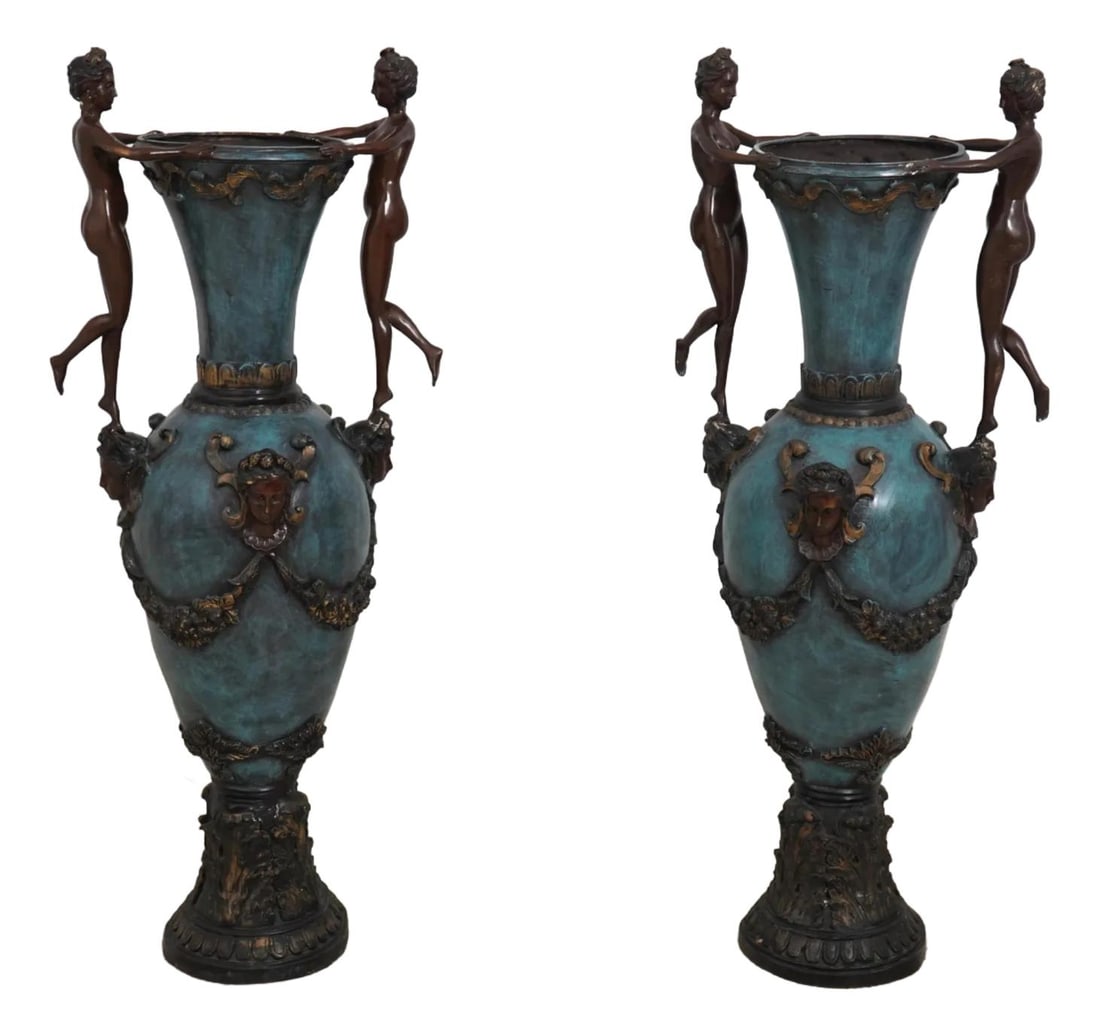 Elegant Pair of Large Bronze Neoclassical Vases with Woman Handles 18w x 16d x 43.5h: Elegant Pair of Large Bronze Neoclassical Vases with Woman Handles 18w x 16d x 43.5h This exquisite pair of large bronze neoclassical figural standing vases features stunning full figure woman handles