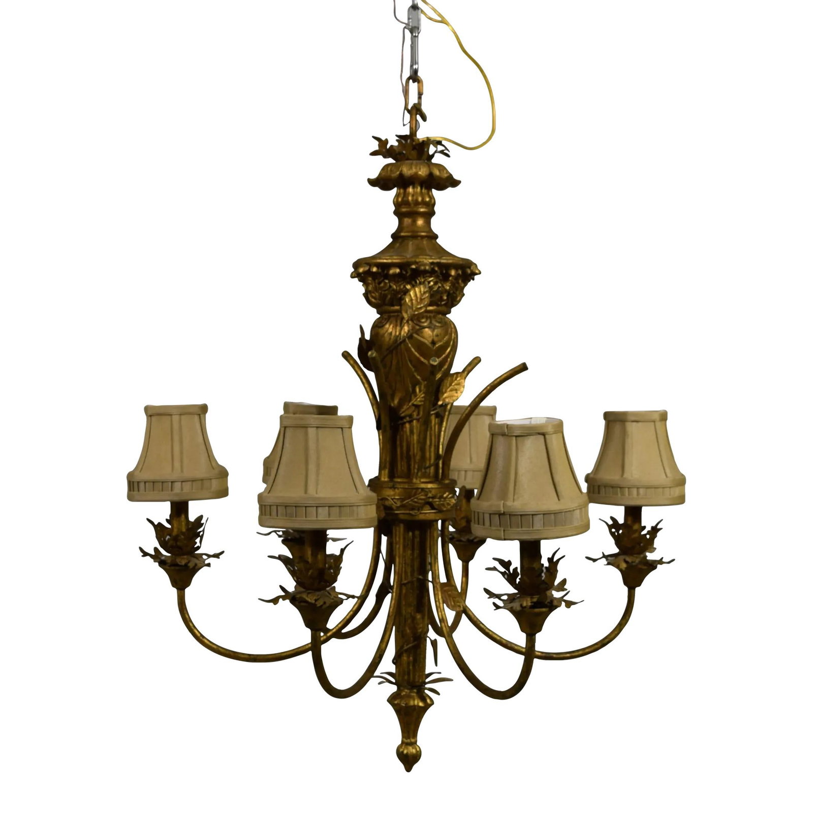 Vintage Italian Toleware Gold Chandelier 31x31x36: Vintage Italian Toleware Gold Chandelier 31x31x36 This exquisite Italian Toleware & Wood Gold Chandelier showcases a stunning design reminiscent of classic Italian style. Crafted with quality material
