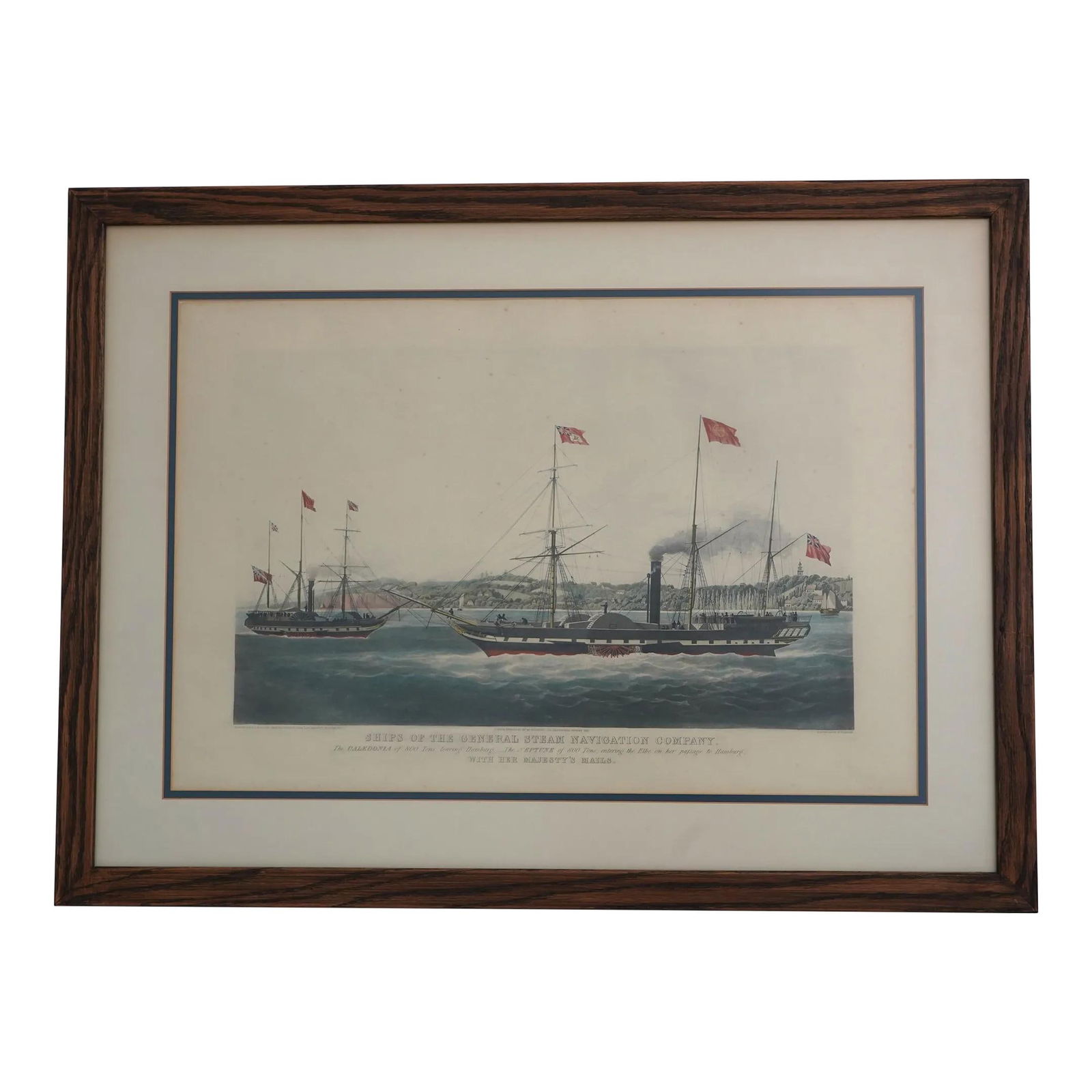 Antique 100 Year Old English Steamship Engraving in Oak Frame 36.5 x 27.5: Antique 100 Year Old English Steamship Engraving in Oak Frame 36.5 x 27.5 This exquisite vintage colored engraving depicts an English steamship and is presented in a custom oak frame, enhancing its vi