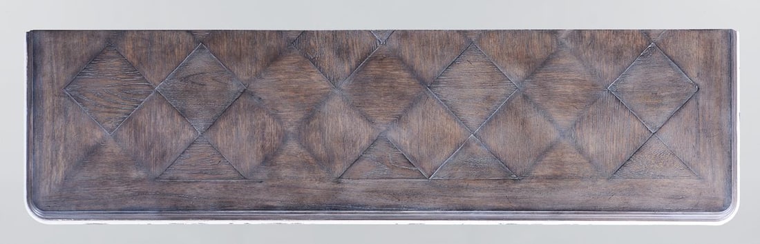 Elegant Antique Style Wood Console with Oak Parquet Top: Elegant Antique Style Wood Console with Oak Parquet Top This elegant console table showcases a stunning antique style with a sophisticated white finish. Crafted with an oak parquetry top and solid woo