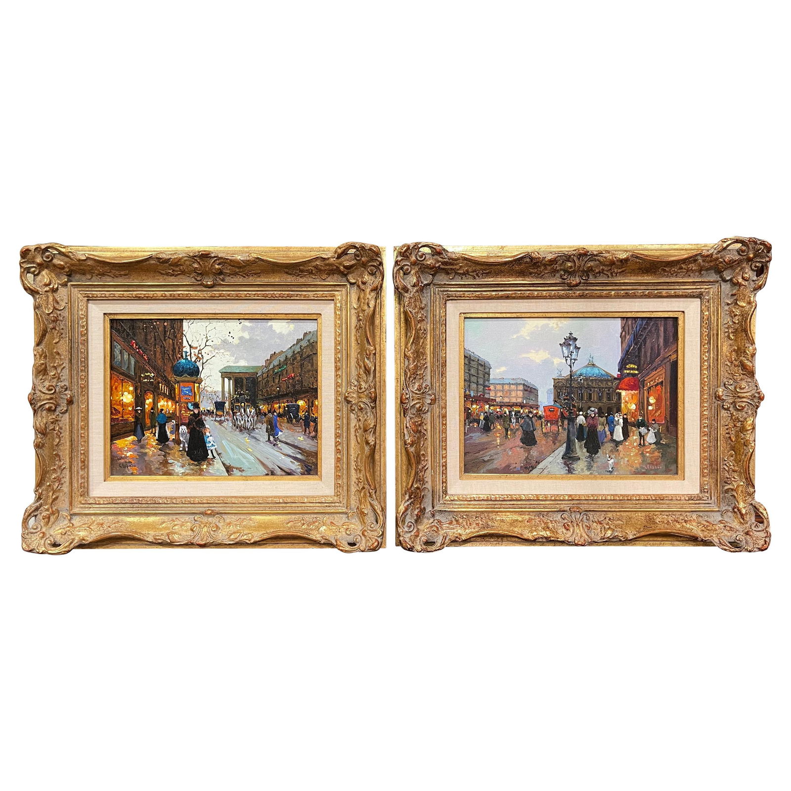 Vintage Pair of Parisian Scene Oil Paintings by Robert Lebron: Vintage Pair of Parisian Scene Oil Paintings by Robert Lebron This exquisite pair of vintage oil paintings on canvas captures the charm of Parisian scenes, elegantly framed in hand-carved giltwood fra