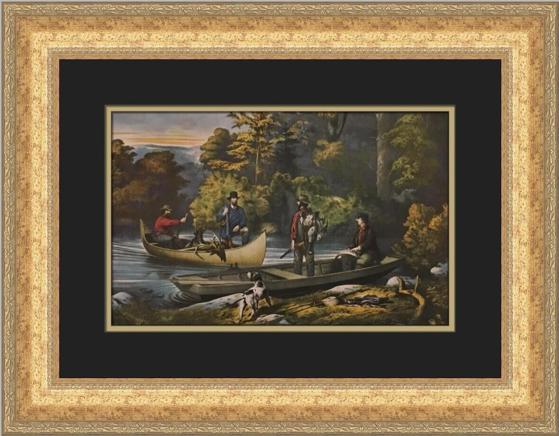 Currier & Ives Life in the Woods Framed Print 18 x 22 Romanticism Art: Currier & Ives Life in the Woods Framed Print 18 x 22 Romanticism Art This exquisite custom framed print titled "Life in the Woods-Returning to Camp," created by the renowned artist Currier & Ives, ca