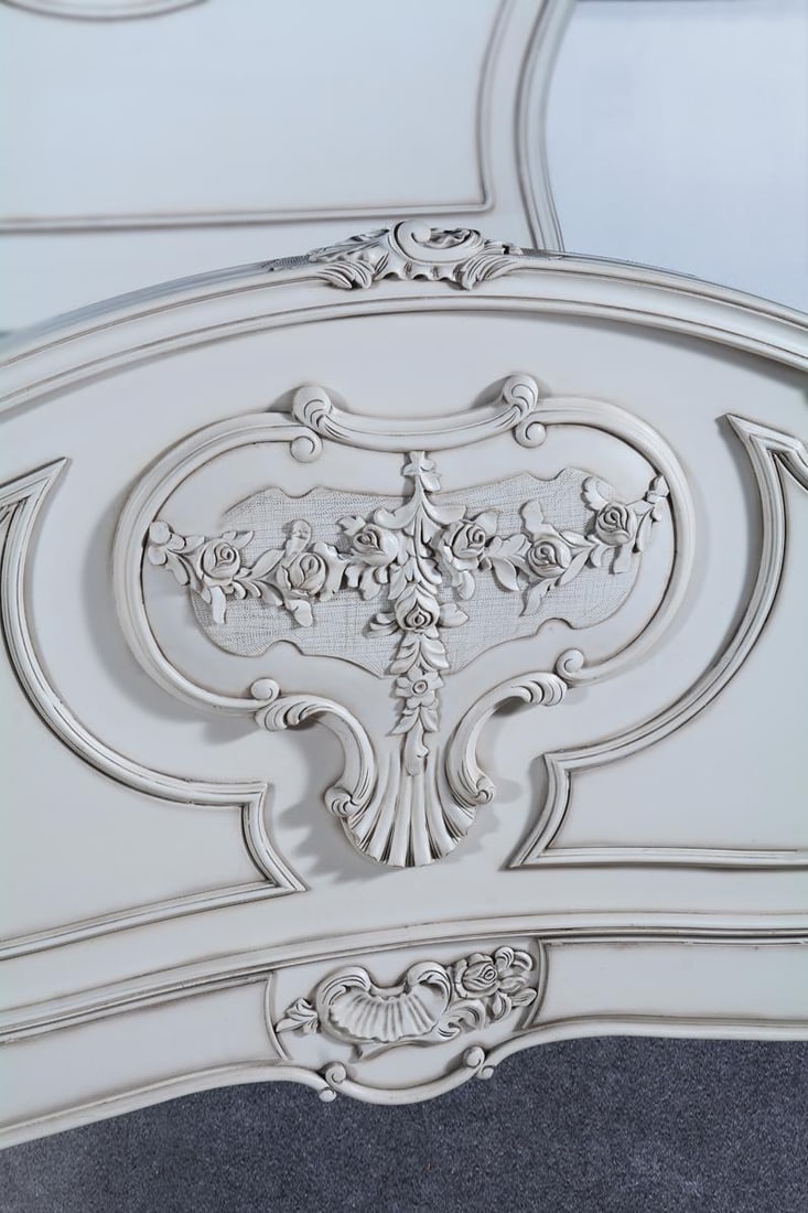 Louis XV Hand-Carved Queen Bed in Old Lace White Finish: Louis XV Hand-Carved Queen Bed in Old Lace White Finish This Elegant Louis XV Hand-Carved Wooden Queen Bed showcases exquisite craftsmanship with its intricate hand-carved details and vintage-style de