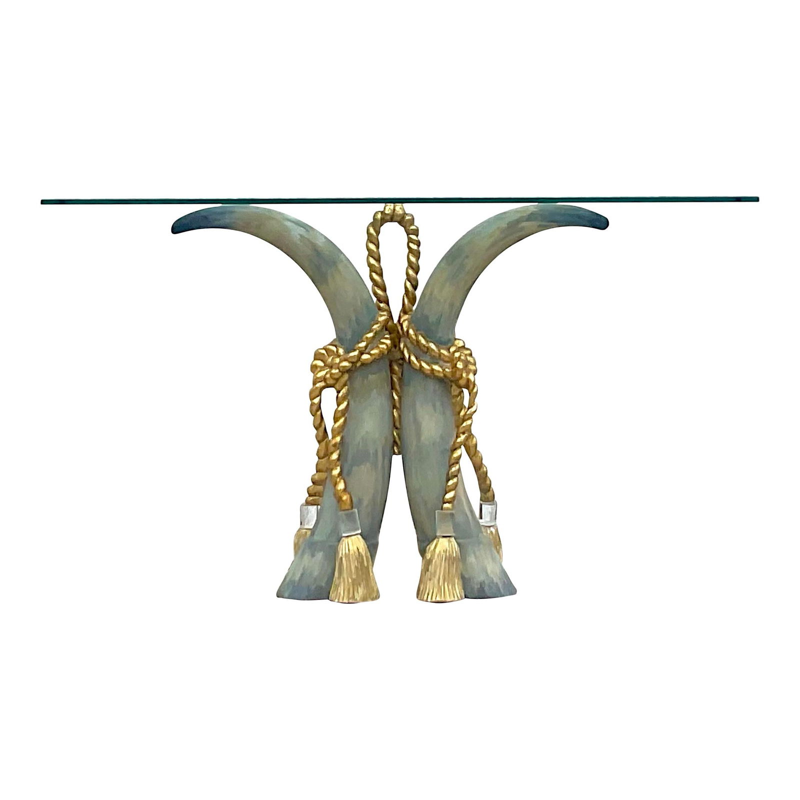 Vintage Regency Console Table with Lucite Tips: Vintage Regency Console Table with Lucite Tips An extraordinary vintage Regency console table. A chair pair of plaster tusks with a carved sway rope and lucite tipper tassel. Glass top. Acquired from