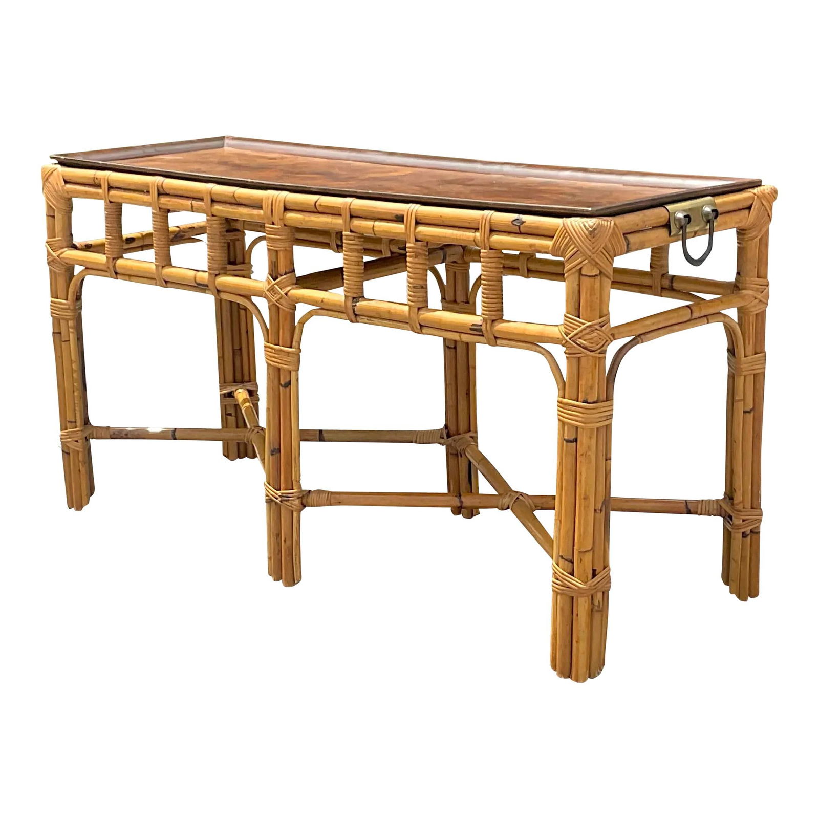 Vintage Coastal Rattan and Burl Wood Console Table: Vintage Coastal Rattan and Burl Wood Console Table This exquisite late 20th-century vintage console table showcases a chic coastal design, featuring stacked rattan with an elegant burl wood inlay tray