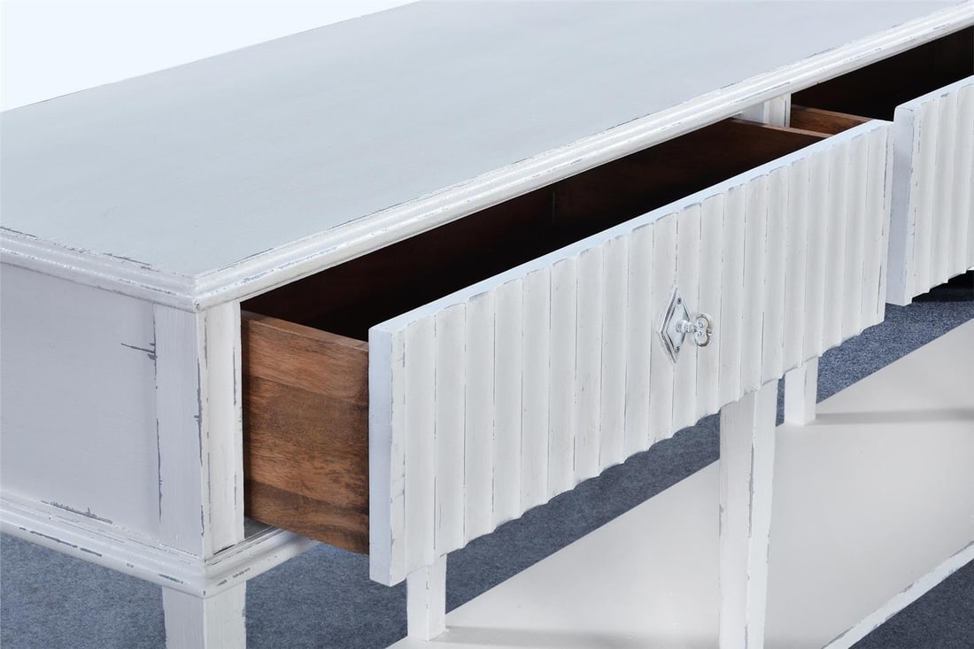 Taylor Transitional 7ft Console Table White Solid Wood Soft-Close: Taylor Transitional 7ft Console Table White Solid Wood Soft-Close This elegant console table embodies a transitional style, combining vintage charm with modern functionality. Crafted from solid wood w