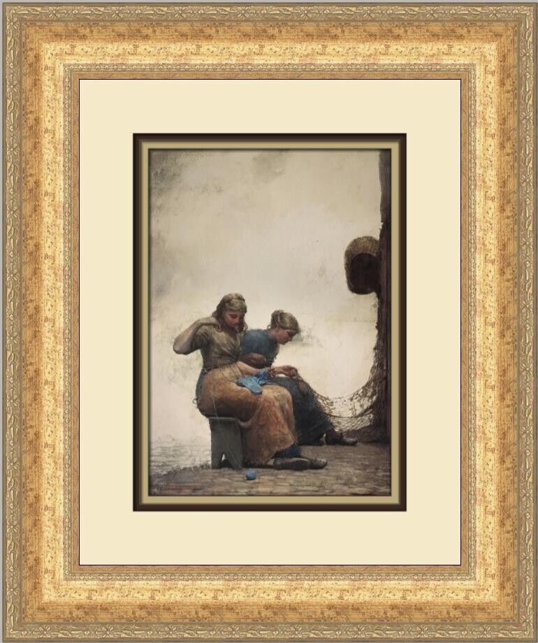 Winslow Homer Mending The Nets Custom Framed Print 19 x 16: Winslow Homer Mending The Nets Custom Framed Print 19 x 16 This striking custom framed print titled 'Mending The Nets' by renowned artist Winslow Homer showcases a beautiful portrayal aligned with the