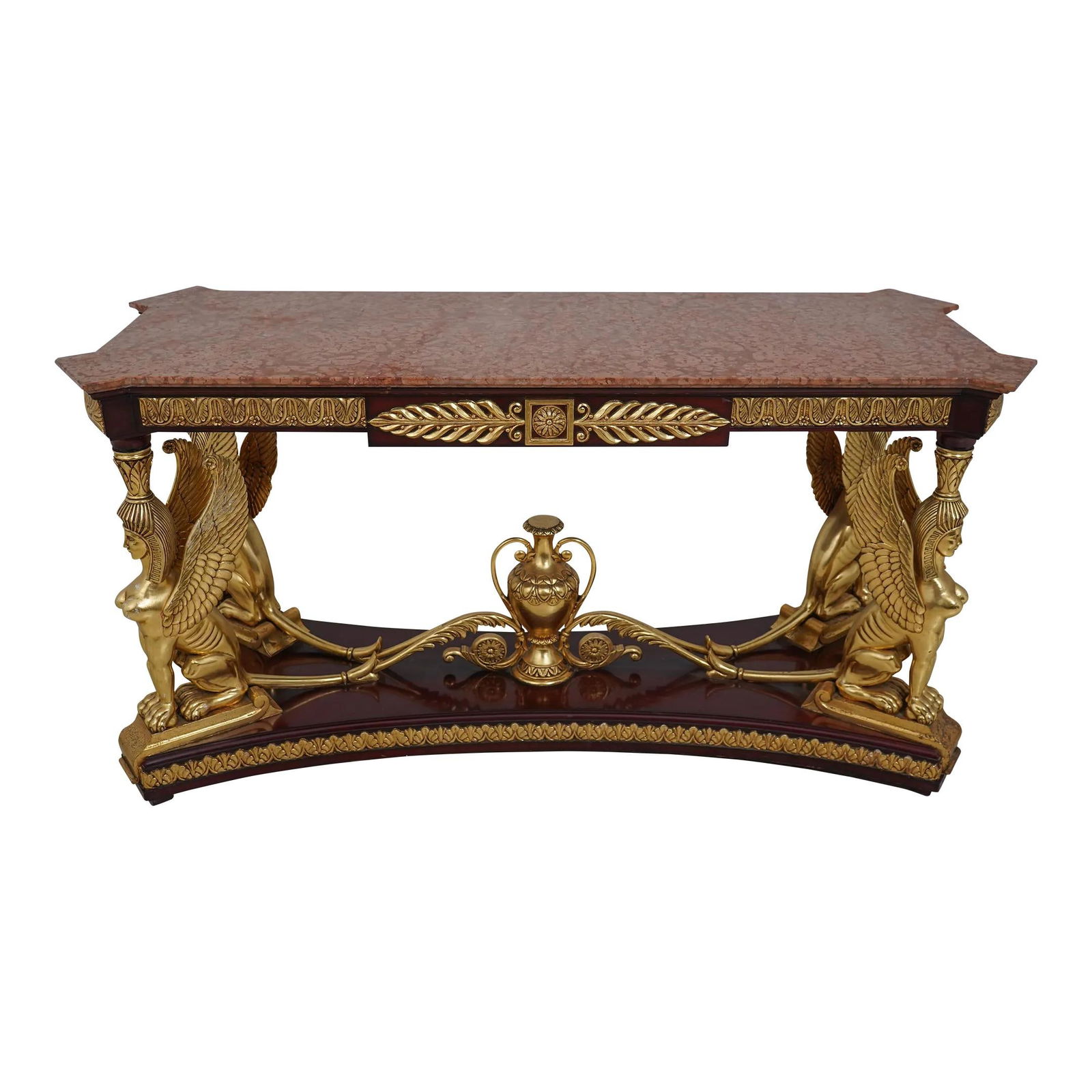French Empire Marble Top Console with Winged Sphinx Columns 63.5 x 25.5 x 33: French Empire Marble Top Console with Winged Sphinx Columns 63.5 x 25.5 x 33 This exquisite French Empire console features a stunning marble top supported by intricately carved wood sphinx columns, sh