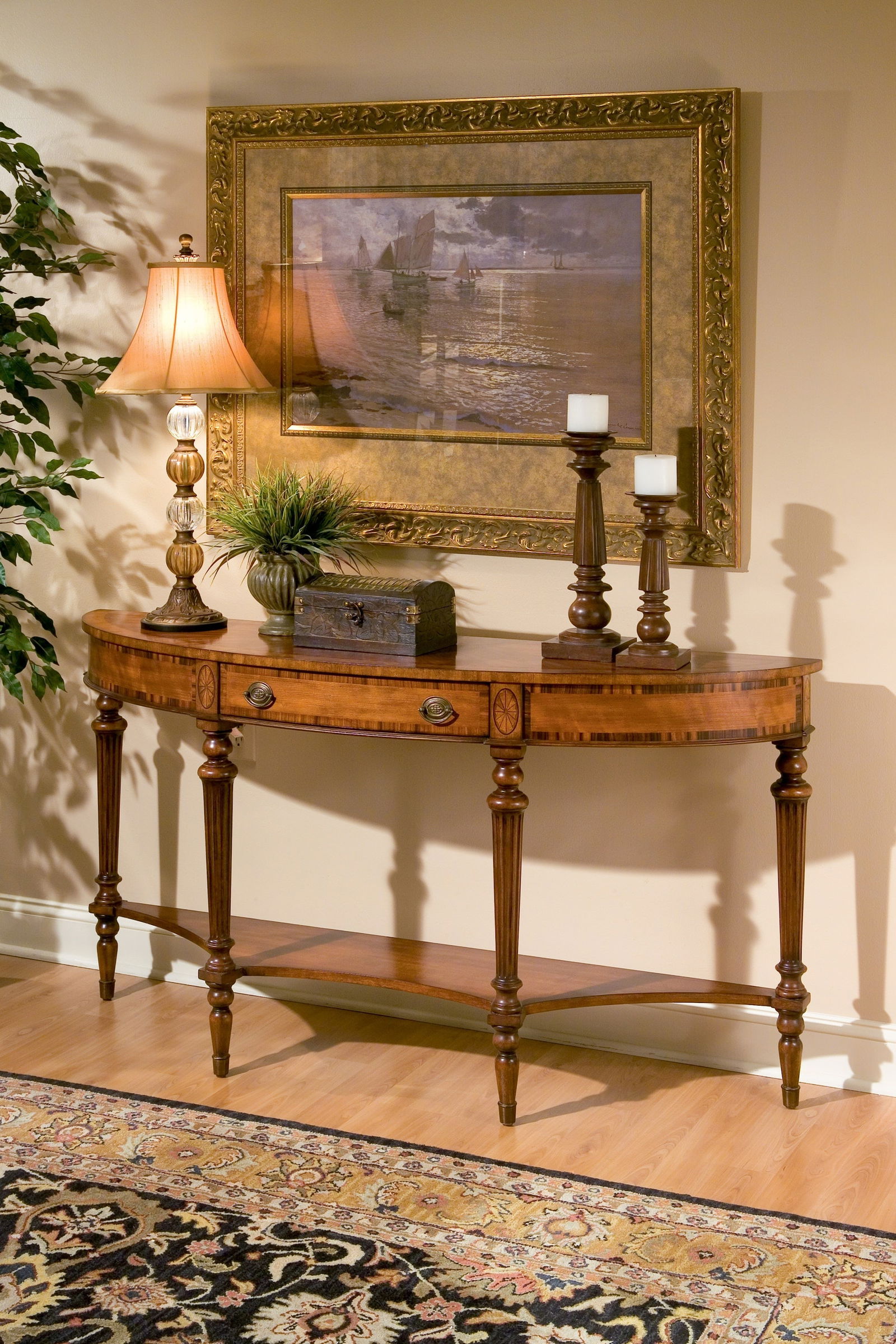 Butler Latham Console Table Antique Style Medium Brown Finish: Butler Latham Console Table Antique Style Medium Brown Finish Introducing the Butler Latham Connoisseur's Console Table, a stunning piece that blends antique charm with modern craftsmanship. This cons
