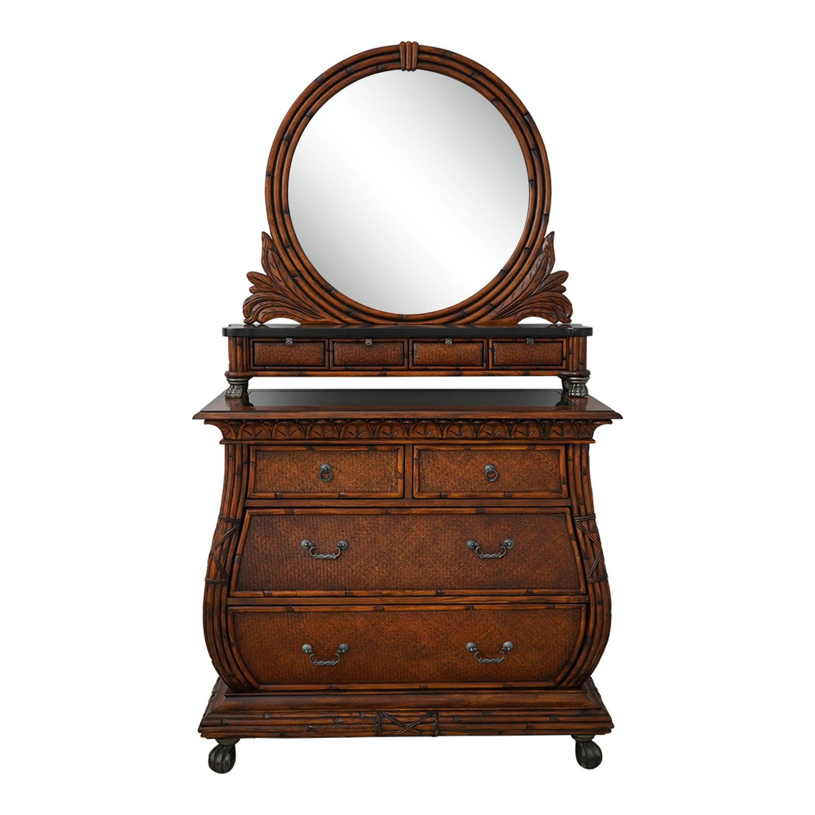 Caribbean Style Rattan Chest with Granite Top and Mirror: Caribbean Style Rattan Chest with Granite Top and Mirror This stunning Caribbean style chest features a combination of woven rattan and a sleek granite surface, perfect for adding a touch of elegance 