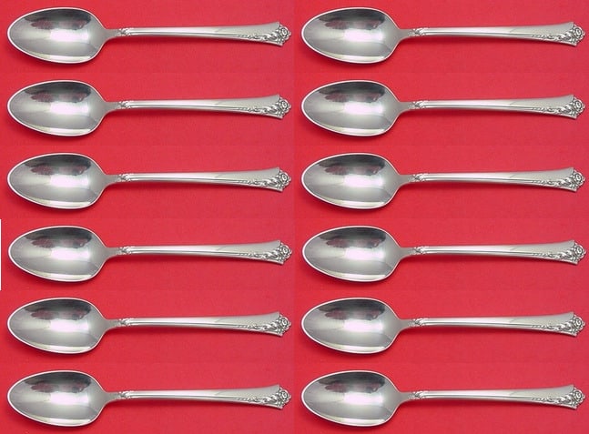 Oneida Damask Rose Sterling Silver 12 Teaspoons 6 1/8 Inch Set: Oneida Damask Rose Sterling Silver 12 Teaspoons 6 1/8 Inch Set This exquisite 12-piece set of teaspoons features the elegant Damask Rose pattern by Oneida, crafted from high-quality sterling silver. E