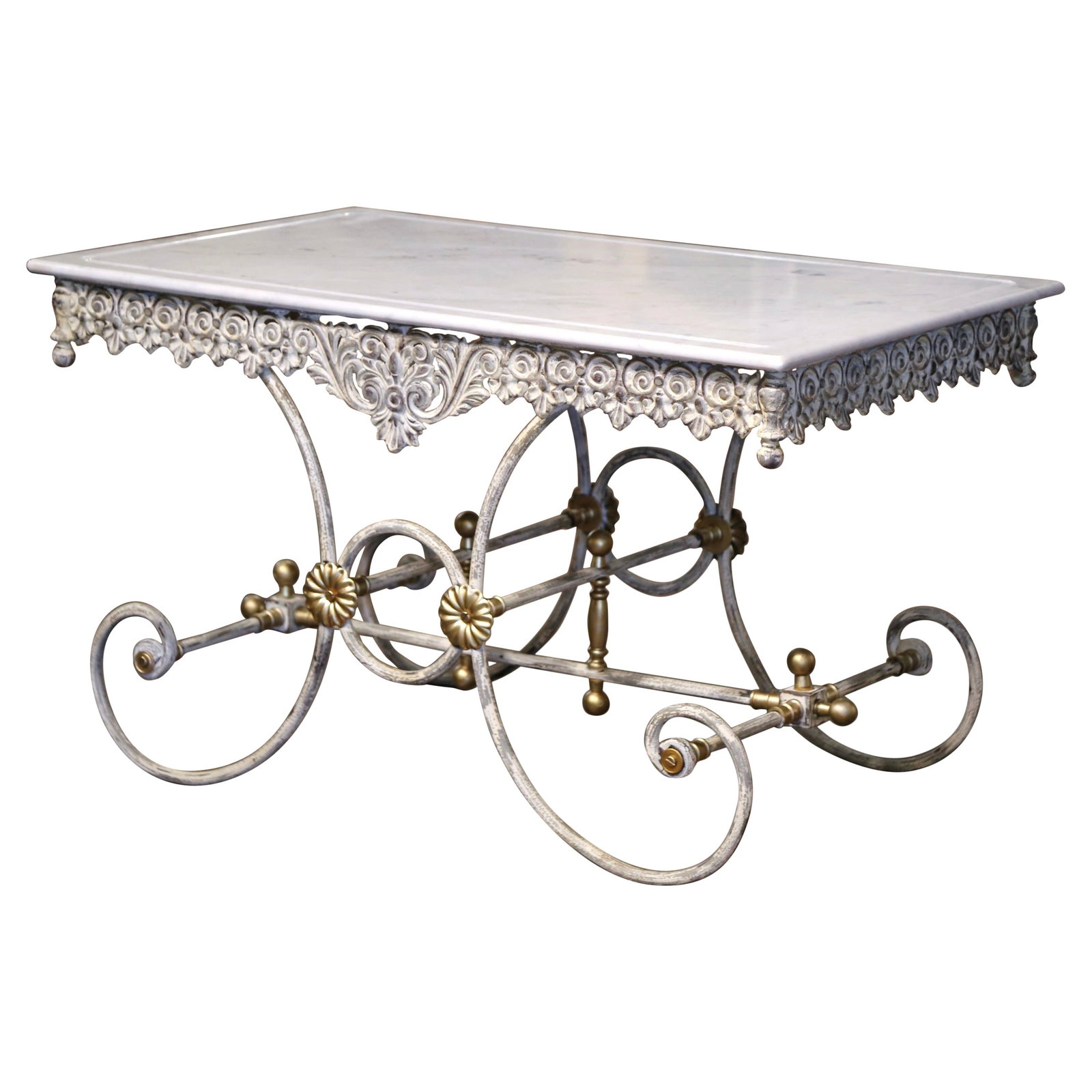 Vintage French Pastry Butcher Table with Marble Top and Brass Accents: Vintage French Pastry Butcher Table with Marble Top and Brass Accents This exquisite Vintage French Pastry Butcher Table combines functionality with elegant design, making it a perfect addition to any
