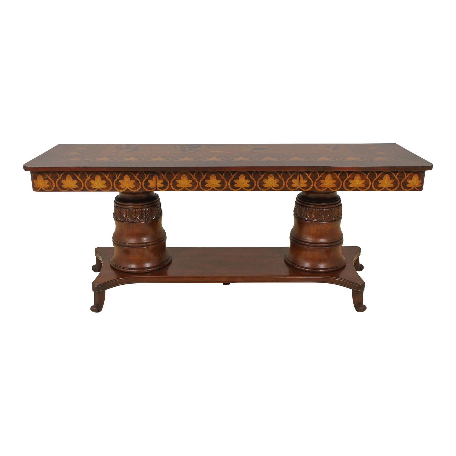 Italian Neoclassical Inlaid Console Table 78.5w x 24d x 31h: Italian Neoclassical Inlaid Console Table 78.5w x 24d x 31h This impressive Italian long console table showcases exquisite craftsmanship with its highly inlaid Neoclassical design. The table features