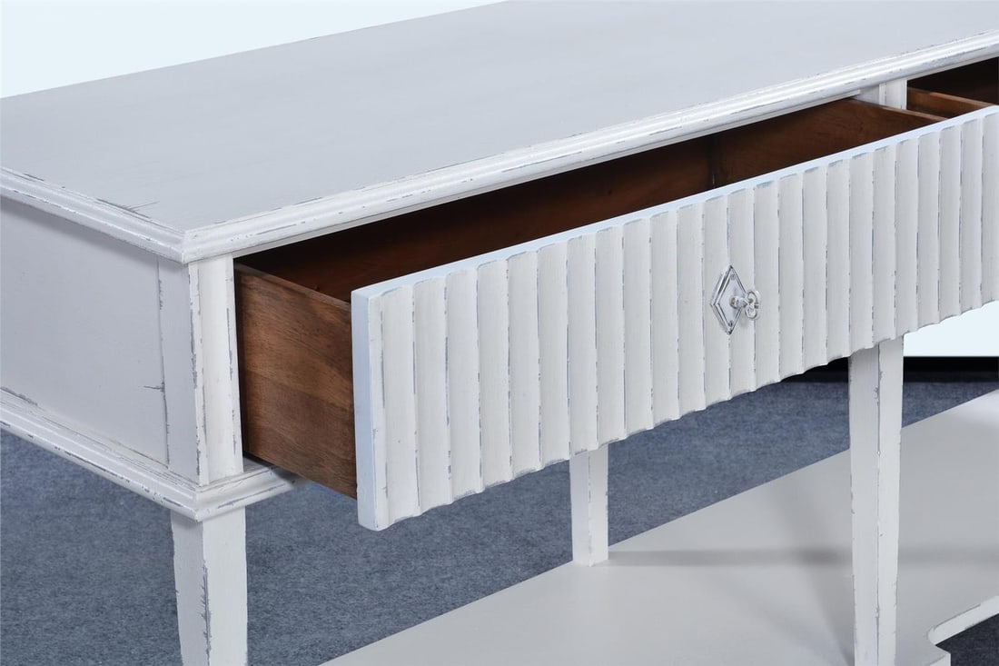 Elegant Transitional White Console Finish 70" Solid Wood: Elegant Transitional White Console Finish 70" Solid Wood Enhance your living space with this elegant Transitional White Console, designed in an antique style. This console features a beautiful antique